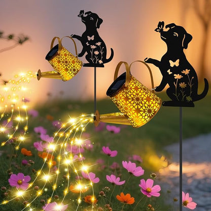 Solar Lights Outdoor Decorative, Watering Can with Cascading Lights, with Dog Silhouette Garden Stakes, Waterproof Metal Garden Decor Mom Christmas Gifts 2 Pack