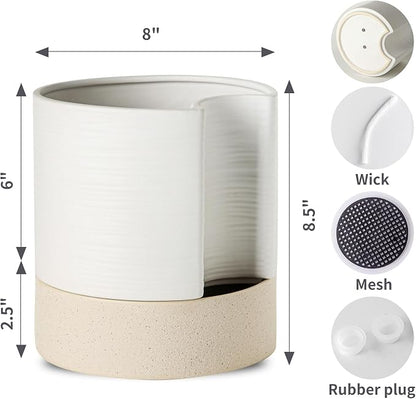 Nihow Ceramic Self Watering Plant Pot for Indoor Plants, 8 Inch,White | Planter with Cotton Wick, Drainage Hole & Water Storage Plus, Cylinder Round Flower Pot, For Succulent/Herbs/Violets