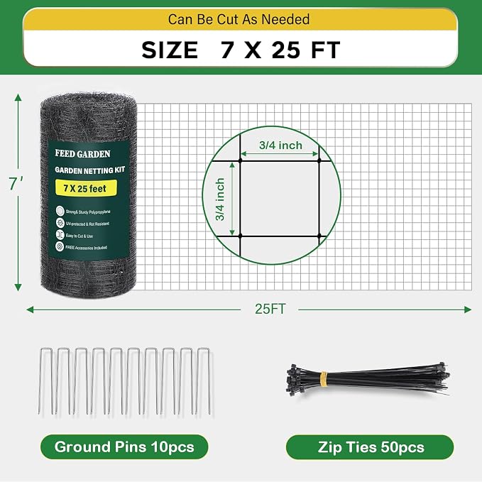 FEED GARDEN Garden Netting 7FT x 25FT for Raised Beds, Heavy Duty Bird Netting & Deer Fence with 3/4 Inch Mesh, UV Resistant Garden Cover for Strawberries, Vegetables, Flowers and Garden Plants