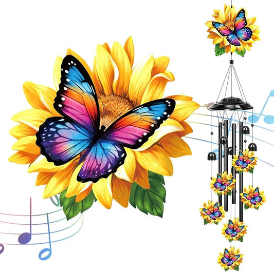 YHmall Sunflower Butterfly Gifts for Women, 35 in Wind Chimes for Outside Mothers Day Gardening Gifts for Mom Colorful Metal Memorial Wind Chime Butterfly Decor for Home Yard Patio Garden Outdoor
