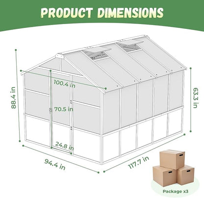 Jocoevol 8x10ft Outdoor Greenhouse, Wooden Frame Polycarbonate Greenhouse with Adjustable Roof Vents and Lockable Door Handle, Walk-in Greenhouse Perfect for Backyard and Garden