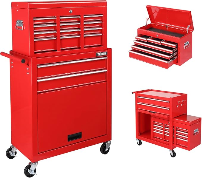 TUFFIOM 8-Drawer Rolling Tool Chest, Tool Storage Cabinet w/Lockable Wheels, Detachable Top, Drawers & Side Hooks, Mechanic Tool Organizer Box for Garage Warehouse Repair Shop