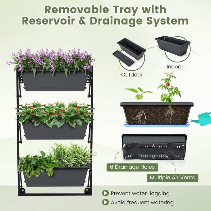 Giantex Set of 2 Vertical Raised Garden Bed, Hanging & Wall-Mounted Planter Garden Boxes, Adjustable Shelf & Detachable Hooks, 3-Tier Railing Raised Beds for Flower Strawberry Vegetable