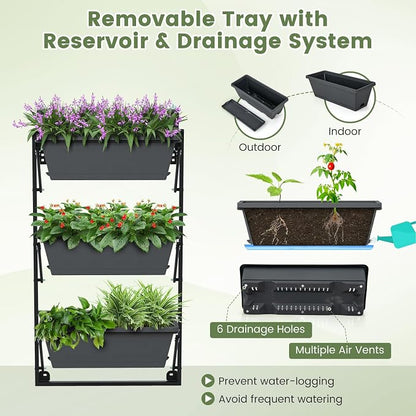 Giantex Set of 2 Vertical Raised Garden Bed, Hanging & Wall-Mounted Planter Garden Boxes, Adjustable Shelf & Detachable Hooks, 3-Tier Railing Raised Beds for Flower Strawberry Vegetable