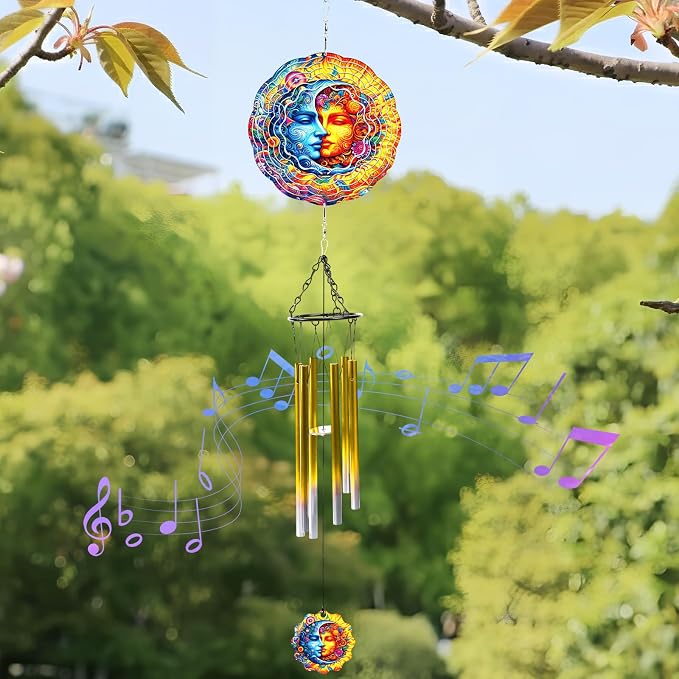 Celestial Sun Moon Wind Chime, Hanging Wind Spinner Gift for Women Mom, Stainless Steel Outdoor Garden Patio Porch Décor