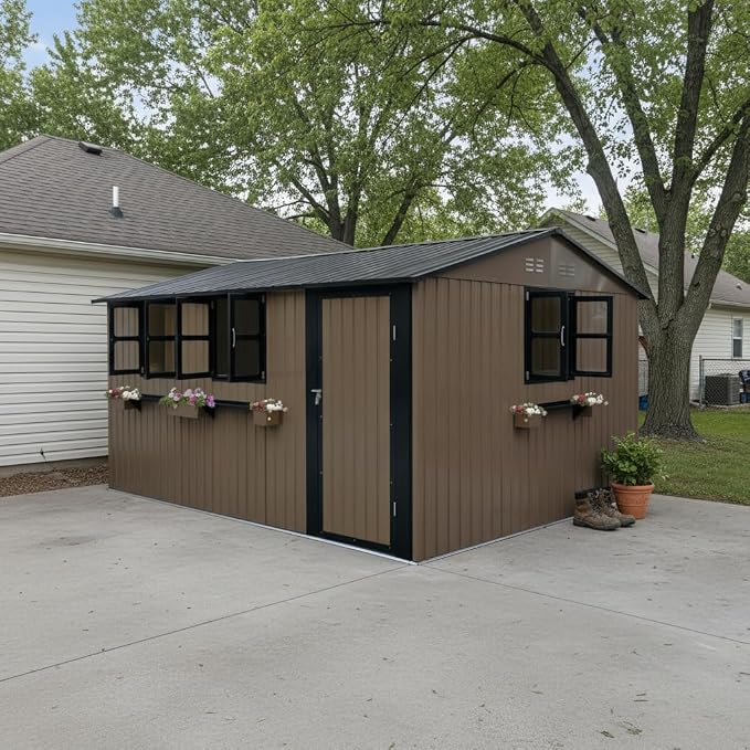 KEIKI 12x10 FT Outdoor Metal Storage Shed with 3 Clear Windows, Walk in Lockable Single Door Heavy Duty Steel Utility Shed Waterproof Rust Resistant Windproof for Backyard Garden Yard, Brown