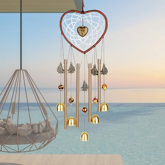 Unique Sweet Heart Dream Catcher Wind Chimes Brass Bell for Outdoor Garden Home Hanging Decoration…