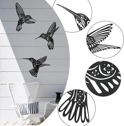 QZGXDECO Set of 3 Metal Hummingbird Wall Decor, 3D Iron Bird Wall Art for Outdoor Garden Fence, Patio & Yard Decorations, Large Hanging Sculptures for Living Room & Home, Gifts for Bird Lovers