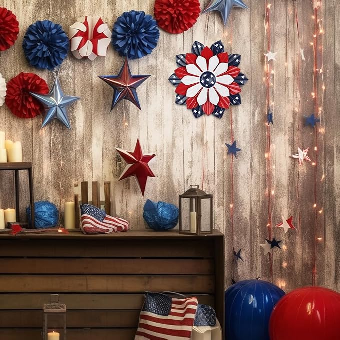 YEAHOME 4th of July Decorations Outdoor, 11" Red White and Blue Metal Flower Wall Art for Fourth of July Decor, Stars and Stripes Patriotic Decorations for Home Garden Lawn Porch