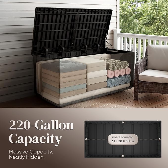 Quictent 220 Gallon Heavy Duty Resin Deck Box, Weatherproof Waterproof Outdoor Storage Bench, UV Resistant Lockable Container for Garden, Pool Supplies, Patio Cushions & Furniture Accessories