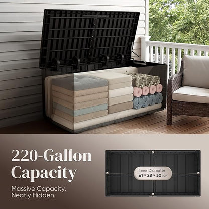 Quictent 220 Gallon Heavy Duty Resin Deck Box, Weatherproof Waterproof Outdoor Storage Bench, UV Resistant Lockable Container for Garden, Pool Supplies, Patio Cushions & Furniture Accessories