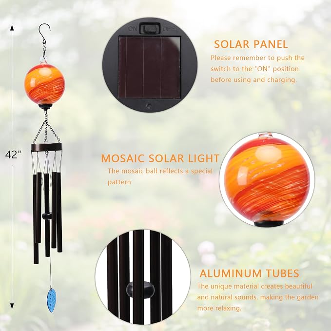 MUMTOP Solar Wind Chime for Outsides, 35" Glass Windchimes with Solar LED Lights Decorative Hanging Wind Bell for Porch Patio and Garden Decor, Orange