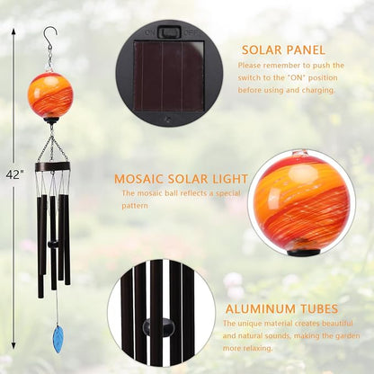 MUMTOP Solar Wind Chime for Outsides, 35" Glass Windchimes with Solar LED Lights Decorative Hanging Wind Bell for Porch Patio and Garden Decor, Orange