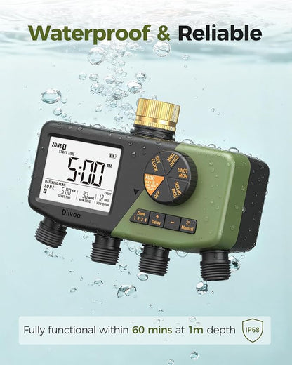 Diivoo 4 Zone Sprinkler Timer with Brass Inlet, IP68 Waterproof 4 Zone Water Timer with Large Display, Digital Control & Rain Delay & Manual Watering for Garden Hose, Lawn, Yard