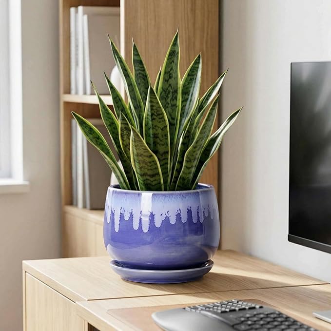 Ceramic Planter for Plants- 9 Inch Plant Pots Indoor with Drainage and Saucer, Decorative Planters, Durable Round Indoor Flower Pot, Garden Room Decor, Plant Gifts for Women Men, Blue