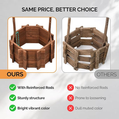 VINGLI Wooden Wishing Well Outdoor Planters, Well Covers for Yard with 4 Reinforced Rods, Height Adjustable Hanging Bucket, Rustic Flower Pot Decor for Outside Patio Garden(Carbonized, 25" Width)