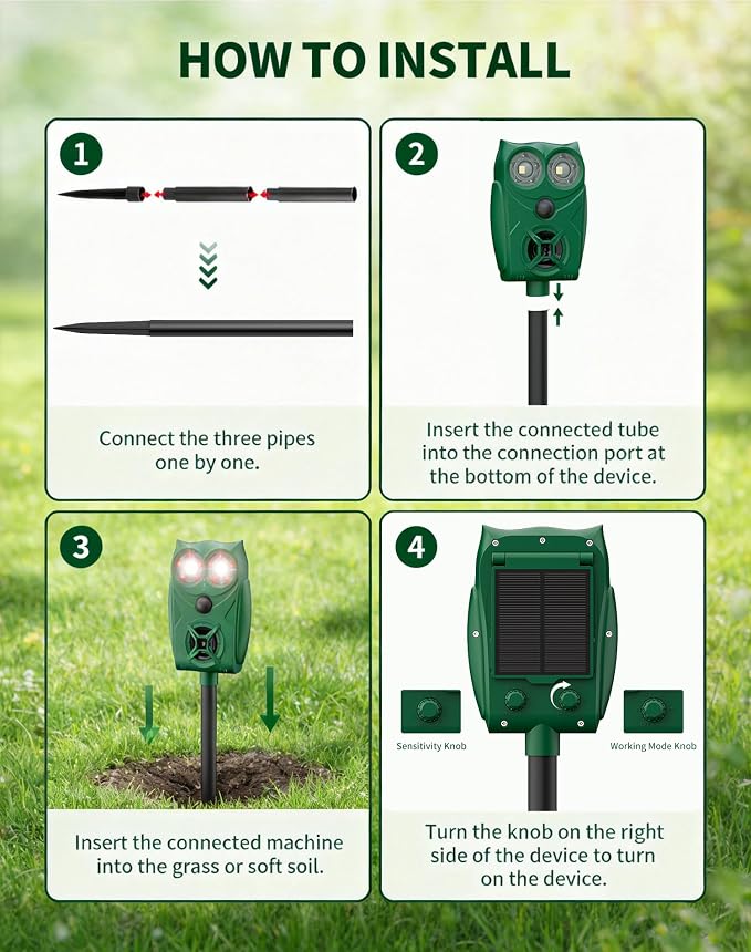 Solar Ultrasonic Animal Repeller with Motion Sensor, Deer Repellent Devices with LED Light, Waterproof Cat Repellent Outdoor, Dog Deterrent for Yard Garden to Repel Raccoon, Squirrel (2, Dark Green)