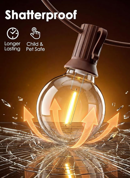 25FT G40 LED Brown Outdoor String Lights with 25 Plastic Shatterproof Bulbs | 2700K Warm White, IP65 Waterproof Hanging Connectable Globe Lights for Patio Garden Porch Pergola Bistro Decor, Brown Wire