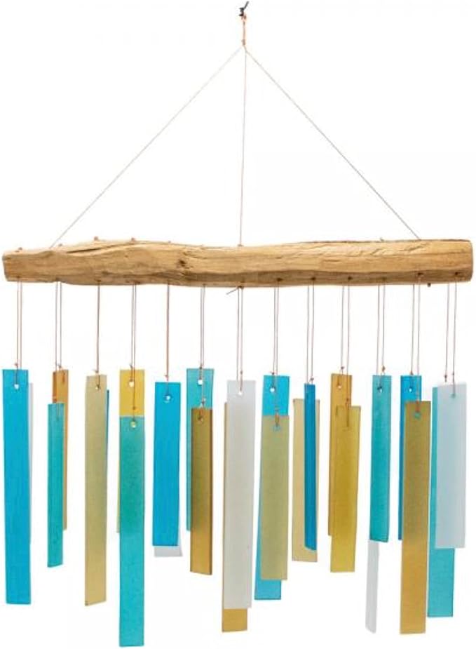 Caribbean Beach Glass Driftwood Wind Chime, Coastal Decor, 11 Inch | Turquoise Beach Colors; Driftwood Accent; Tropical Coastal Decor; Handcrafted Chime