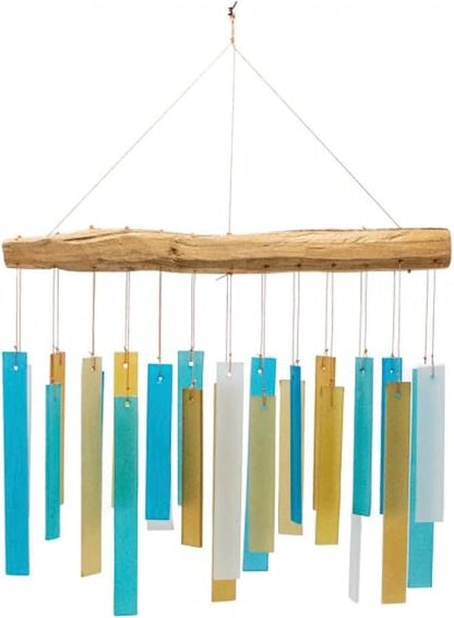 Caribbean Beach Glass Driftwood Wind Chime, Coastal Decor, 11 Inch | Turquoise Beach Colors; Driftwood Accent; Tropical Coastal Decor; Handcrafted Chime
