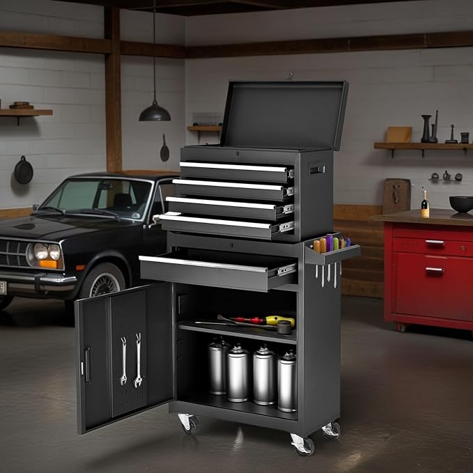 Tool Chest, 5-Drawers Rolling Tool Storage Cabinet with Lockable Wheels, Detachable Top, Adjustable Shelf & Locking Mechanism, Multifunctional Tool Cart for Garage Warehouse, Black