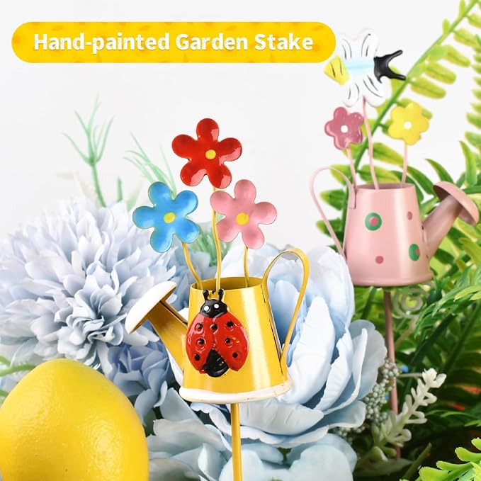 Decorative Garden Stakes Set Metal Garden Ornaments Waterproof Decorations for Indoor Outdoor Yard Patio Plant Pot (Watering can-4PCS)