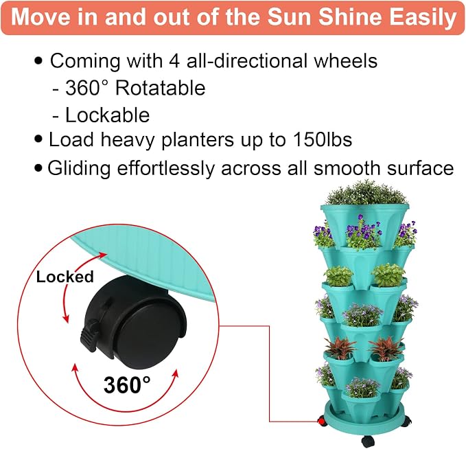 GameXcel Vertical Planter Tower - 6 Tier Stackable Garden Planters with Wheels and Tools Plant Pots for Strawberry Herb Flower and Vegetable Indoor Outdoor Use Teal