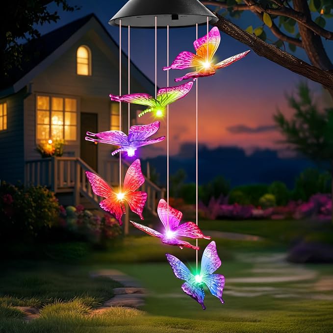 Birthday Gifts for Women, Gardening Gifts for Mom Grandma Nana Wife Sister, Winzwon Solar Lights Outdoor Wind Chimes for Outside Garden Yard Patio Porch Decor Butterfly Decorations