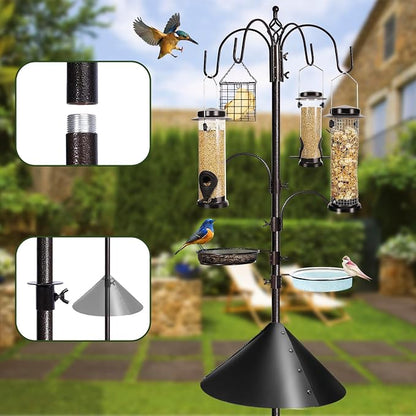 YINGYM 6-Hook Bird Feeding Station Kit Wild Bird Feeder Stand Pole, Multi-Feeder Hanging Kit Stand with Water Bowl, Mesh Tray and Squirrel Guard Baffle, 94 Inch