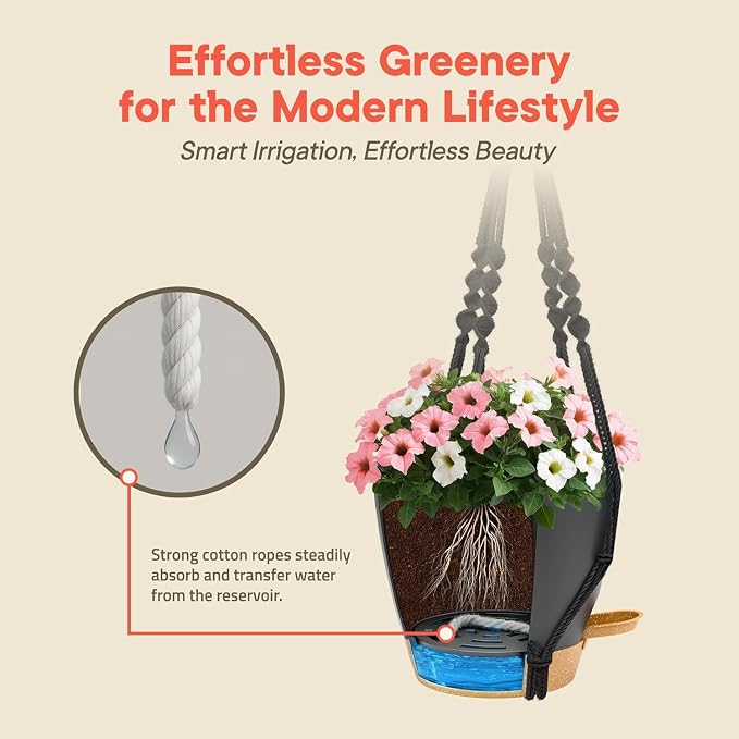 Black Hanging Self Watering Pots with Macrame Black Rope, 3 Pack Indoor & Outdoor Hanging Plant Pots with Built-in Reservoir, Wick Rope, Drainage Holes & Hooks, Stylish Boho Decor Hanging Planter