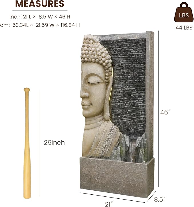 Tankana 47.5" Buddha Water Fountain Outdoor with LED Lights, Large Zen Garden Waterfall Feature with Double Bubblers and Stream, Resin Statue for Patio, Yard, Porch, Meditation Decor