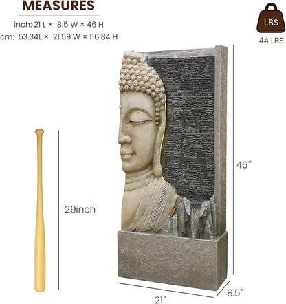 Tankana 47.5" Buddha Water Fountain Outdoor with LED Lights, Large Zen Garden Waterfall Feature with Double Bubblers and Stream, Resin Statue for Patio, Yard, Porch, Meditation Decor
