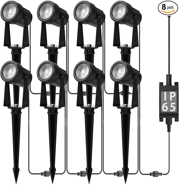 Banord Outdoor Landscape Lighting, 8 Pack Outdoor Spot Lights, Low Voltage LED Landscape Lighting with Transformer for Yard, Plant, Lawn, Garden, IP65 Waterproof & 2700K Warm White