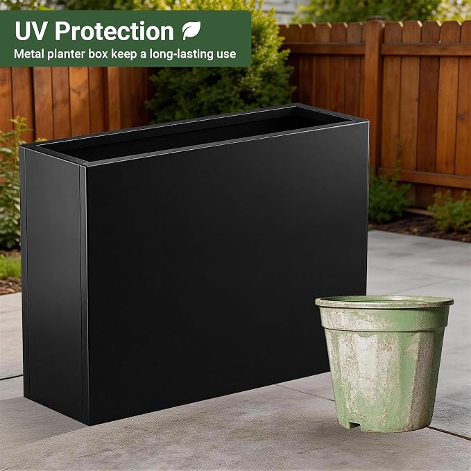 36" Metal Planter Box, Large Rectangular Window Box | with Drainage Holes & Rust-Proof Coating, Modern Outdoor/Indoor Flower Box for Balcony, Patio & Herbs, Black