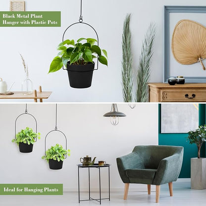 Hushee 10 Packs Metal Hanging Planters for Outdoor Indoor Plants Plant Hanger with 6.3'' Plastic Pots Hanging Planter Basket for Garden Home Porch Decor (Black)