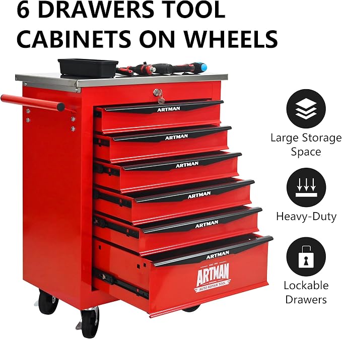 KEIKI 6 Drawers Tool Cart on Wheels,Multifunctional Rolling Tool Chest Tool Storage,Drawers Rolling Tool Trolley Organizer Tool Case for Garage, Warehouse, Workshop, Repair Shop (Red)