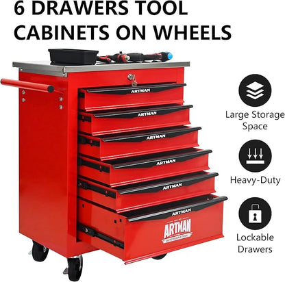 KEIKI 6 Drawers Tool Cart on Wheels,Multifunctional Rolling Tool Chest Tool Storage,Drawers Rolling Tool Trolley Organizer Tool Case for Garage, Warehouse, Workshop, Repair Shop (Red)