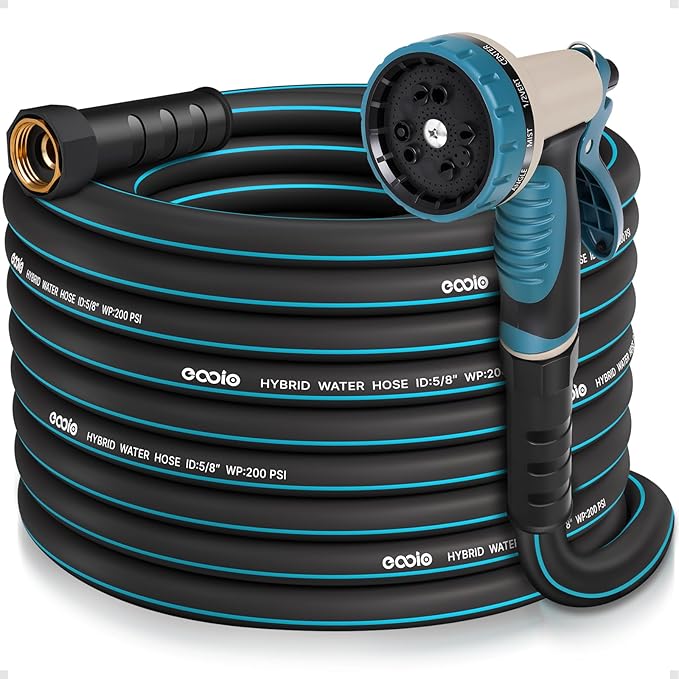 Garden Hose 50 ft x 5/8" with Nozzle, Water Hose Heavy Duty Flexible, Lightweight Kink-less Hybrid Hose with Swivel Handle, Male to Female Fittings
