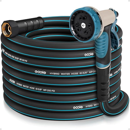 Garden Hose 50 ft x 5/8" with Nozzle, Water Hose Heavy Duty Flexible, Lightweight Kink-less Hybrid Hose with Swivel Handle, Male to Female Fittings