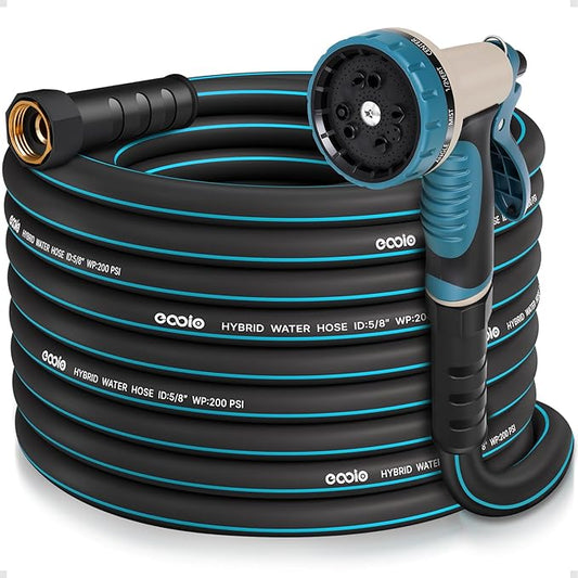 Garden Hose 50 ft x 5/8" with Nozzle, Water Hose Heavy Duty Flexible, Lightweight Kink-less Hybrid Hose with Swivel Handle, Male to Female Fittings