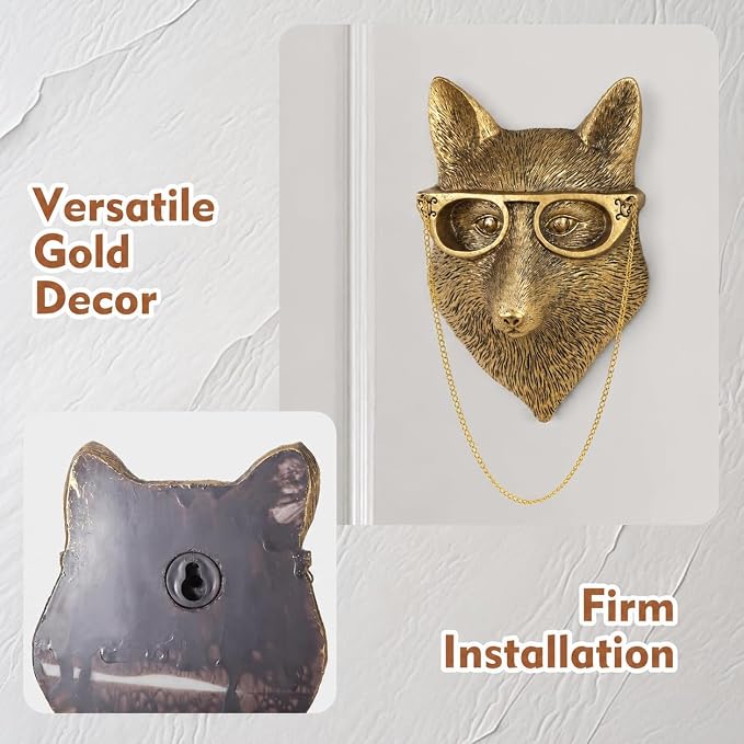 UITWMKTG Gold Animal Head Wall Decor Wall Sculpture Home Decor Statue for Living Room Office Bedroom Modern Decor for Men Women Fox