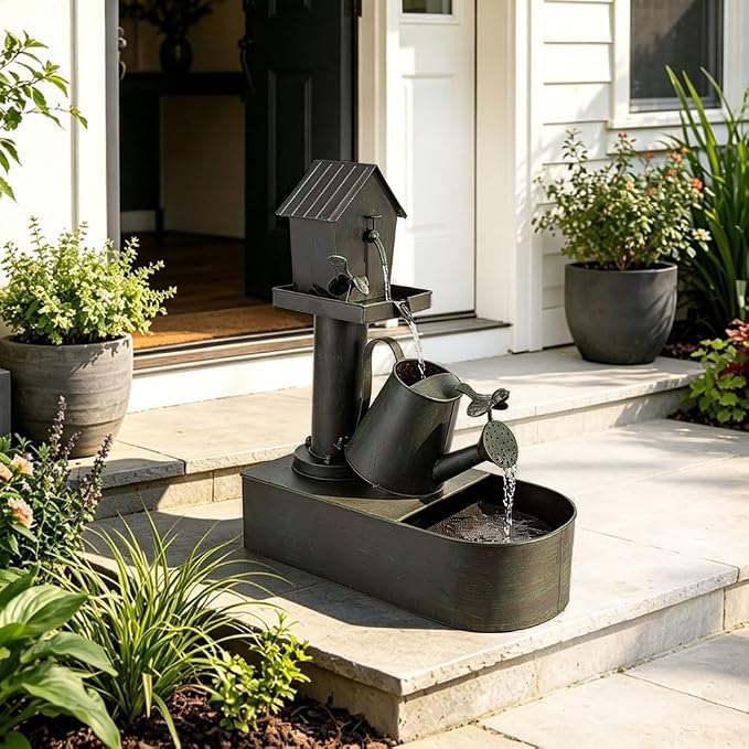 3-Tier Outdoor Fountain 23" Rustic Waterfall Garden Patio Decor | Heavy Duty Rustproof Metal Garden Water Features with Pumb & Debris Filter Screen, Rustic Indoor Outside Soothing Water Flow