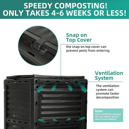 Compost Bin Outdoor, 80 Gallon Large Garden Composter, Black | Large 300L capacity with BPA-free construction, secure flip-latch lid, and easy assembly for garden, kitchen, and yard waste.