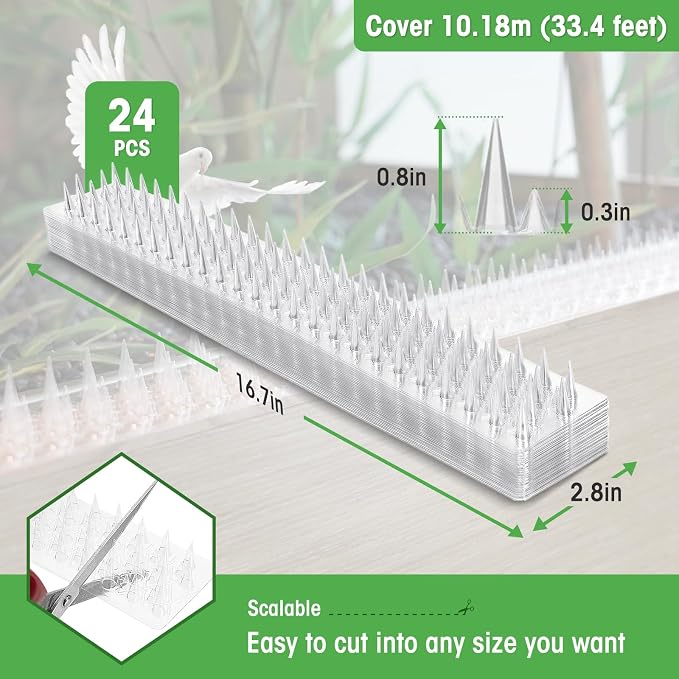 Zipcase 49.5 ft Clear Transparent PVC Bird Spikes-Advanced Dual-Length Spikes for Narrow Landing Gaps and Precision Deterrence,Effectively Guarding Against Birds,Pigeons,Cats,Squirrels, 36-Pack
