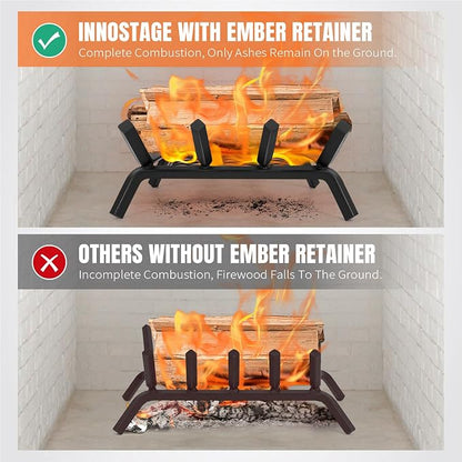 INNO STAGE Fireplace Grates with Ember Retainer - 14 Inch Fireplace Log Grate, Firewood Wood Log Holder Rack,Inside Wrought Cast Iron Fire Grate for Hearth Indoor Outdoor Camping