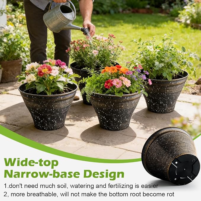 RooTrimmer 16 Inch Plant Pots 4 Pack, Large Planter Pots for Plants Indoor Outdoor, Sturdy Plastic Flower Pots with Drainage Hole, Retro Decorative Garden Pots, Plant Containers for House, Black
