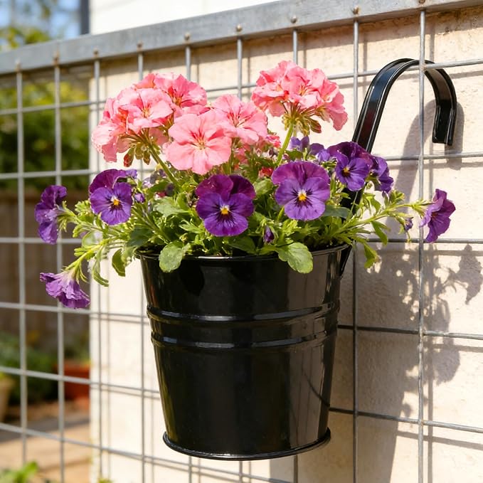 KINGLAKE Flower Pots,10 Pcs Metal Iron Hanging Flower Plant Pot Balcony Garden Plant Planter Baskets Fence Bucket Pots 6.3'' Flower Holders with Detachable Hook Black