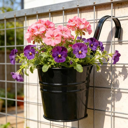 KINGLAKE Flower Pots,10 Pcs Metal Iron Hanging Flower Plant Pot Balcony Garden Plant Planter Baskets Fence Bucket Pots 6.3'' Flower Holders with Detachable Hook Black