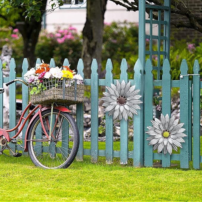Galvanized Farmhouse Metal Flowers Wall Decor Inspirational,Wall Decor Hanging for Indoor Outdoor Home Bedroom Living Room Office Porch Patio Garden Fence 13Inch,Handmade Gift, Set of 2