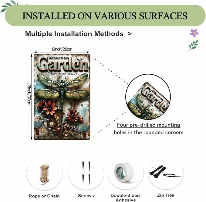 Funny Garden Metal Signs, Vintage Outdoor Wall Decor 8x12 Inch | Welcome to Our Garden Where Memories Grow, Weatherproof Aluminum Sign for Patio Yard Greenhouse, Gift For Gardeners